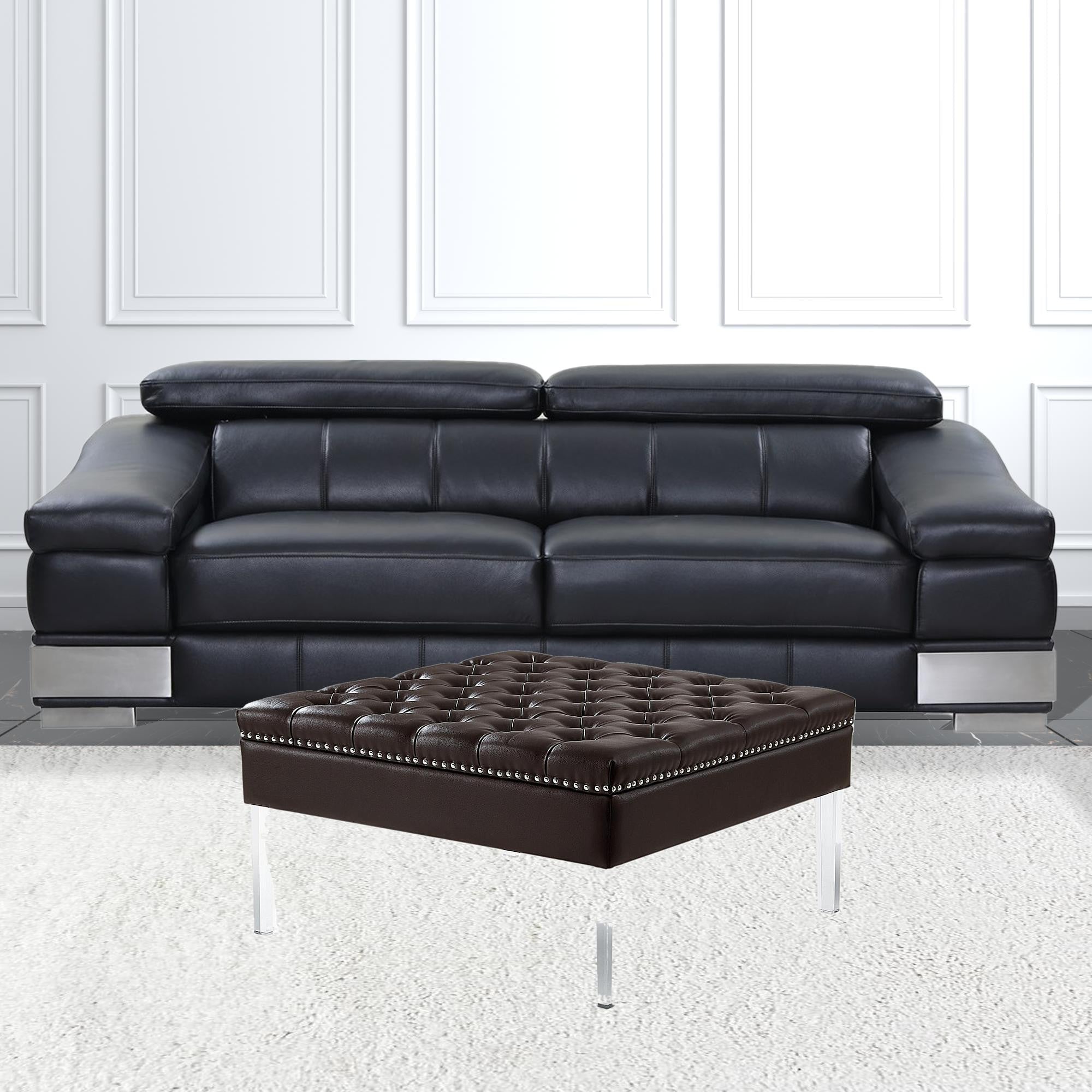 35" Espresso Faux Leather And Clear Cocktail Ottoman