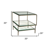 20" Bronze And Clear Glass And Iron Square End Table With Two Shelves