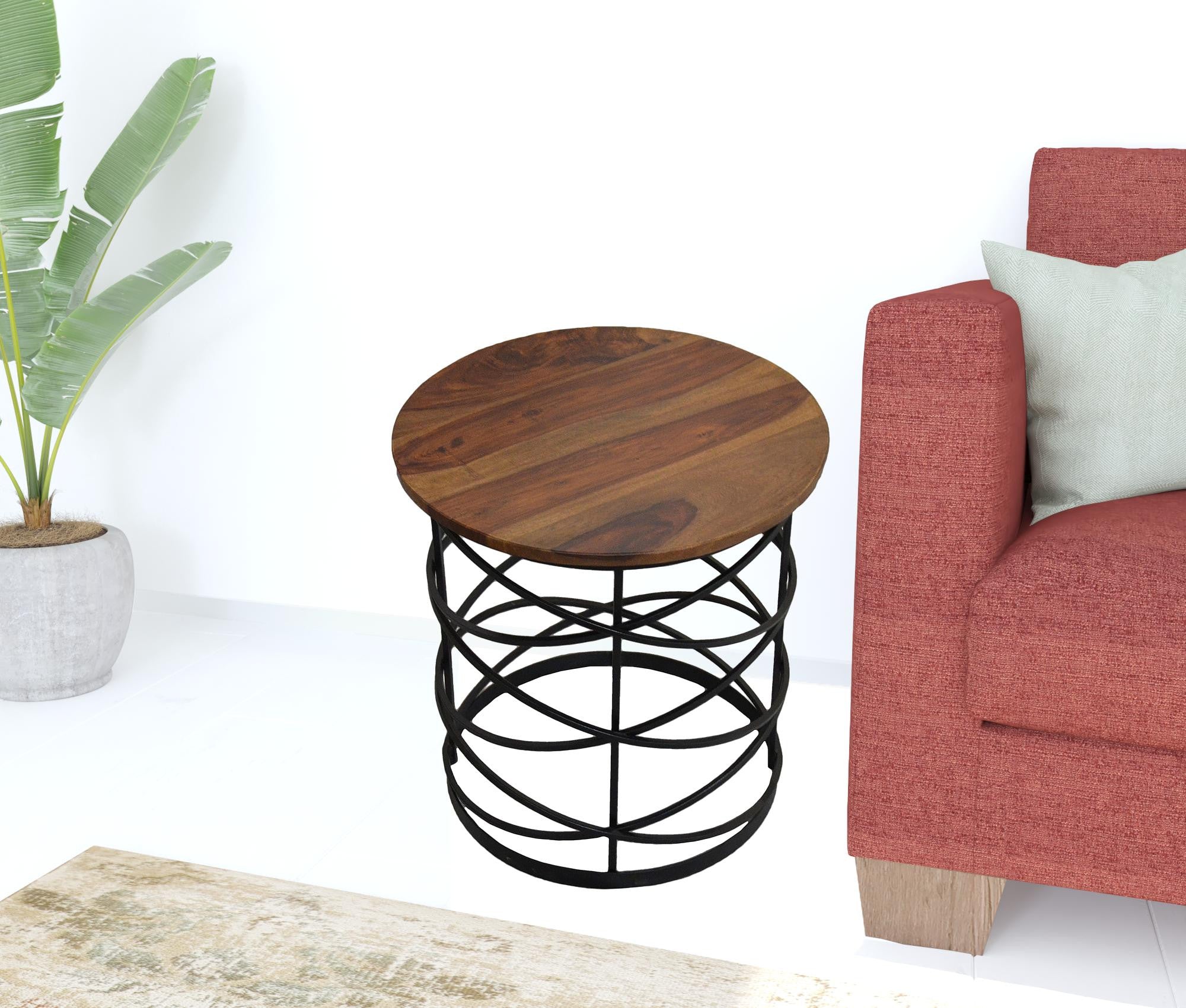 19" Black And Brown Solid Wood And Iron Round End Table