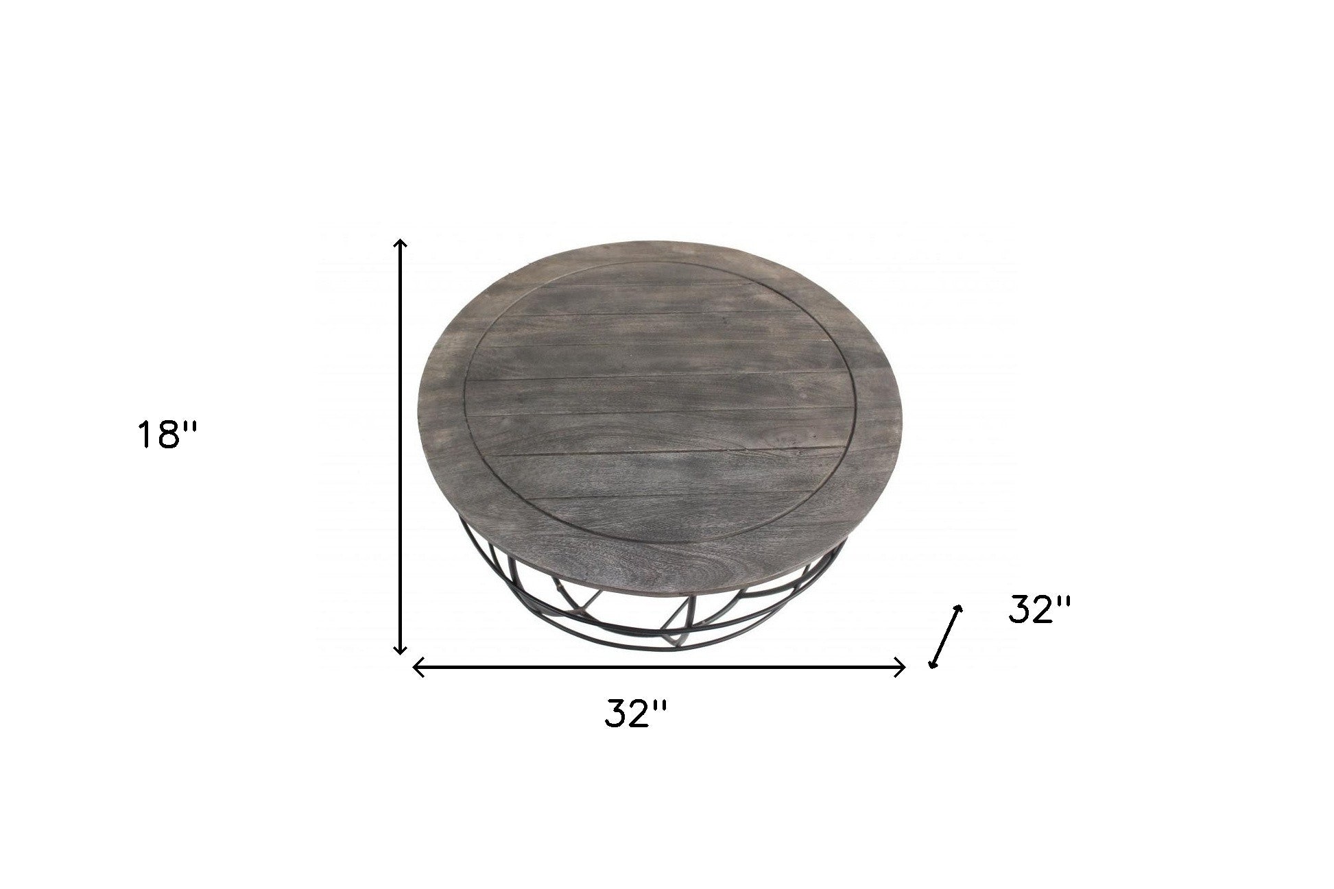 32" Gray Wash Solid Wood and Cast Iron Round Distressed Coffee Table