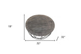 32" Gray Wash Solid Wood and Cast Iron Round Distressed Coffee Table