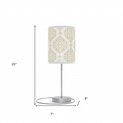 20" Silver Table Lamp With Gold And White Filigree Scroll Cylinder Shade