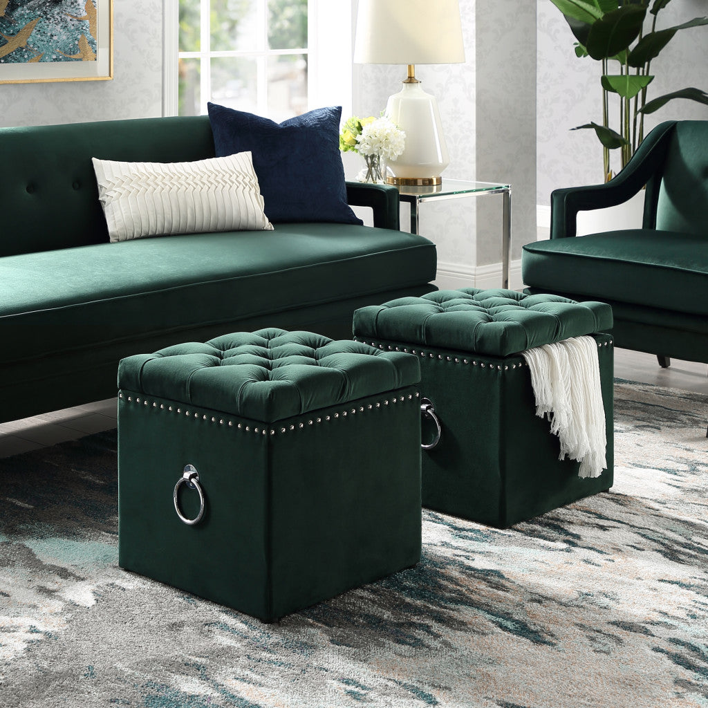 18" Hunter Green Velvet And Black Tufted Storage