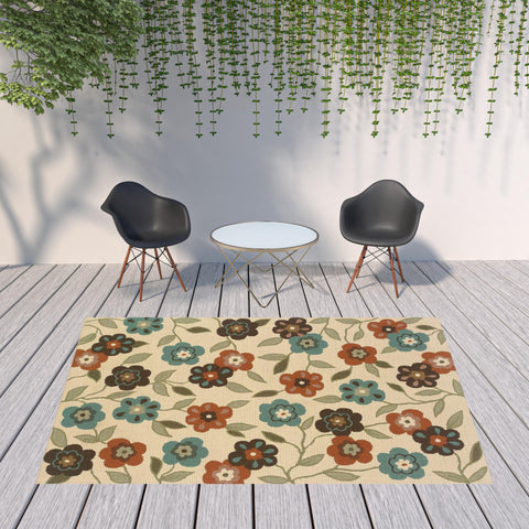 8' x 11' Brown and Ivory Floral Stain Resistant Indoor Outdoor Area Rug