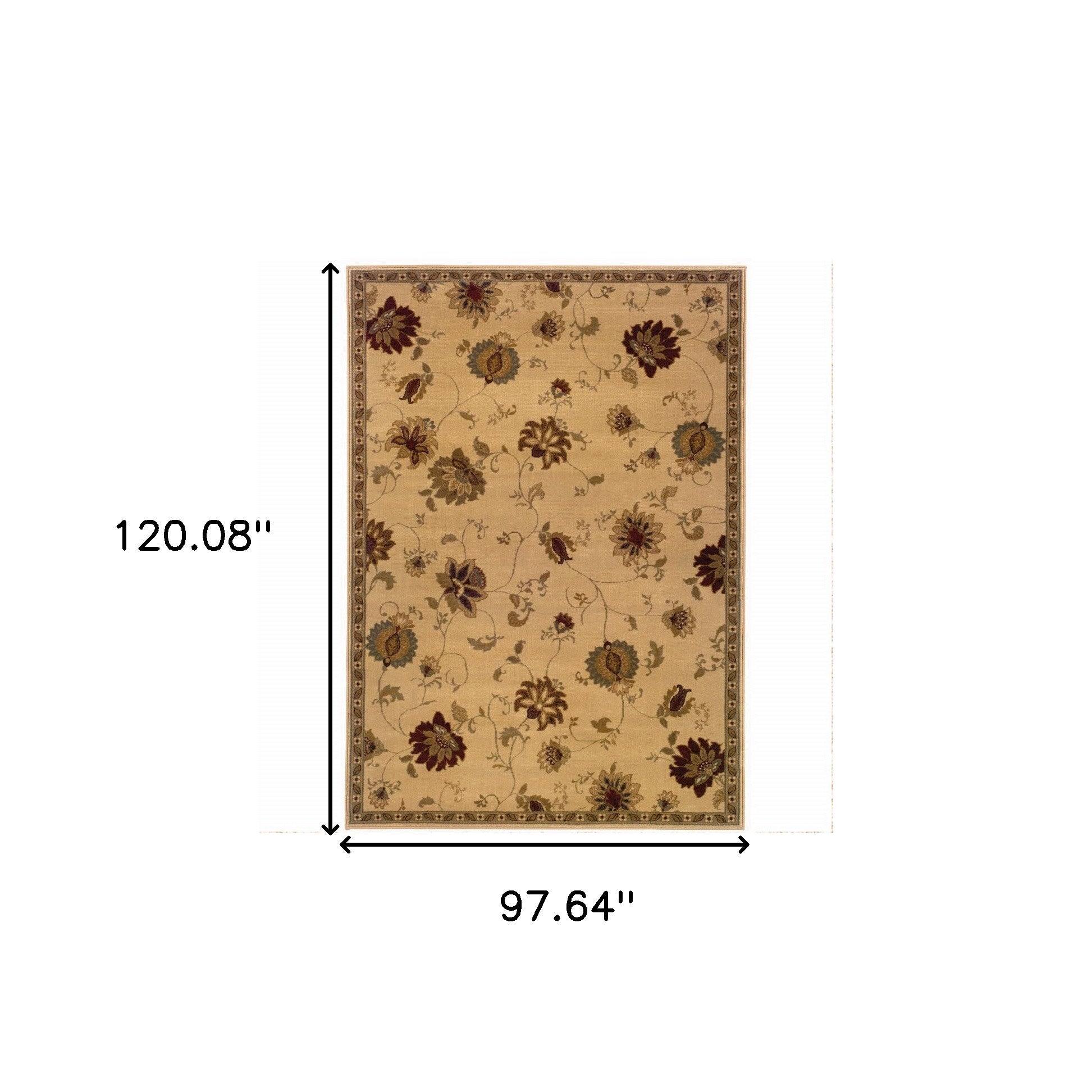 8' X 10' Ivory Green Brown Blue And Rust Floral Power Loom Stain Resistant Area Rug