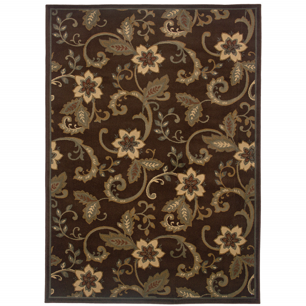 8' X 10' Brown Ivory Blue Rust Gold And Green Floral Power Loom Stain Resistant Area Rug