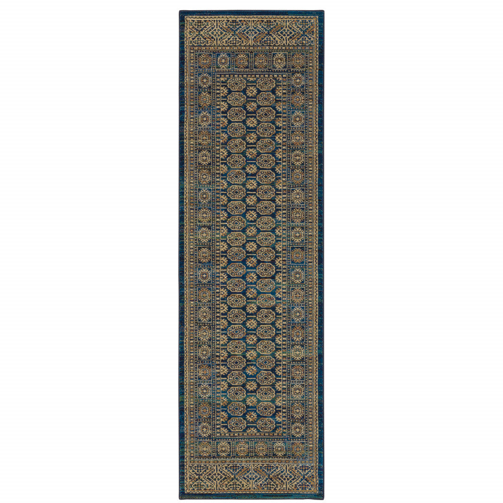 2' X 8' Blue And Gold Oriental Power Loom Stain Resistant Runner Rug