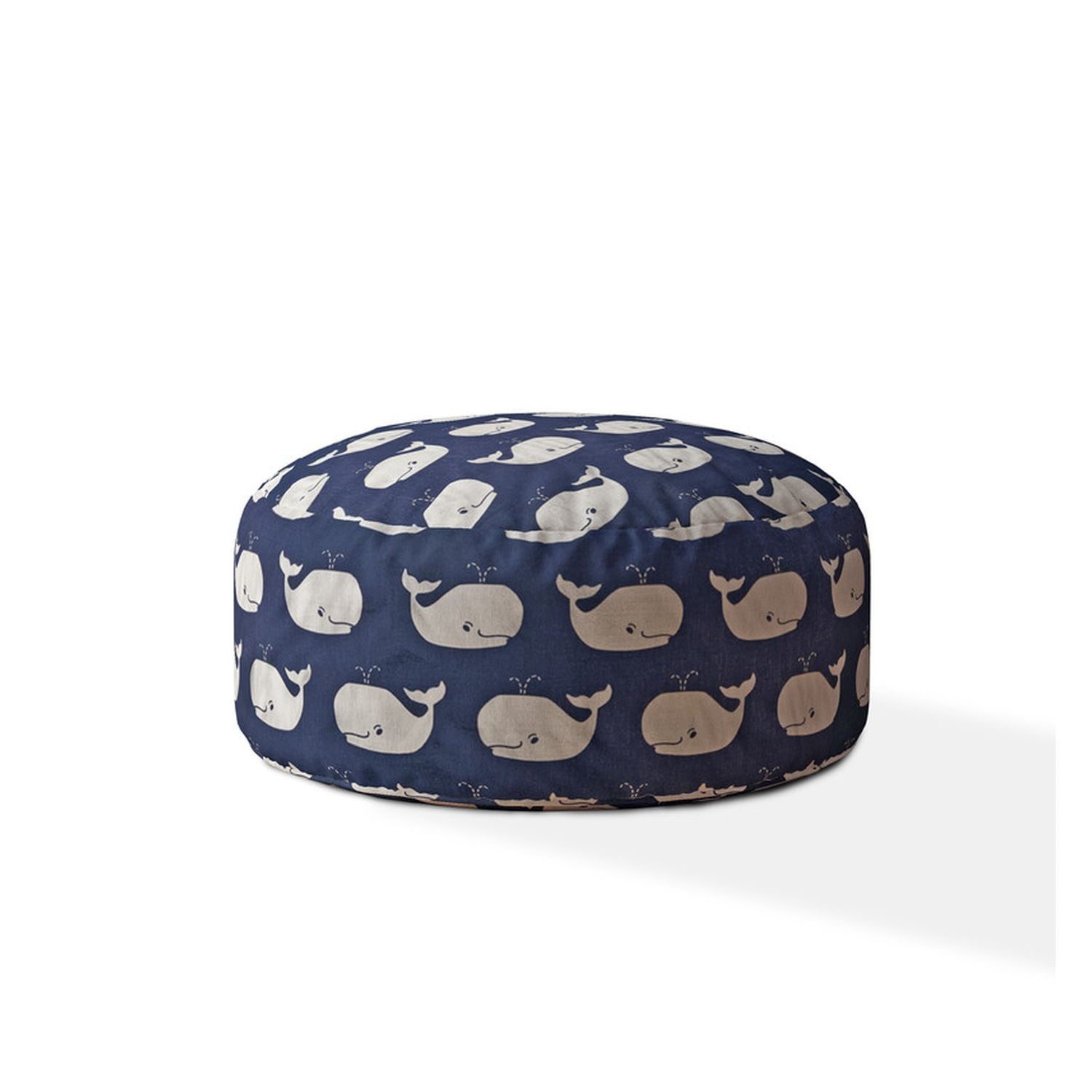 24" Blue And White Twill Round Animal Print Pouf Ottoman