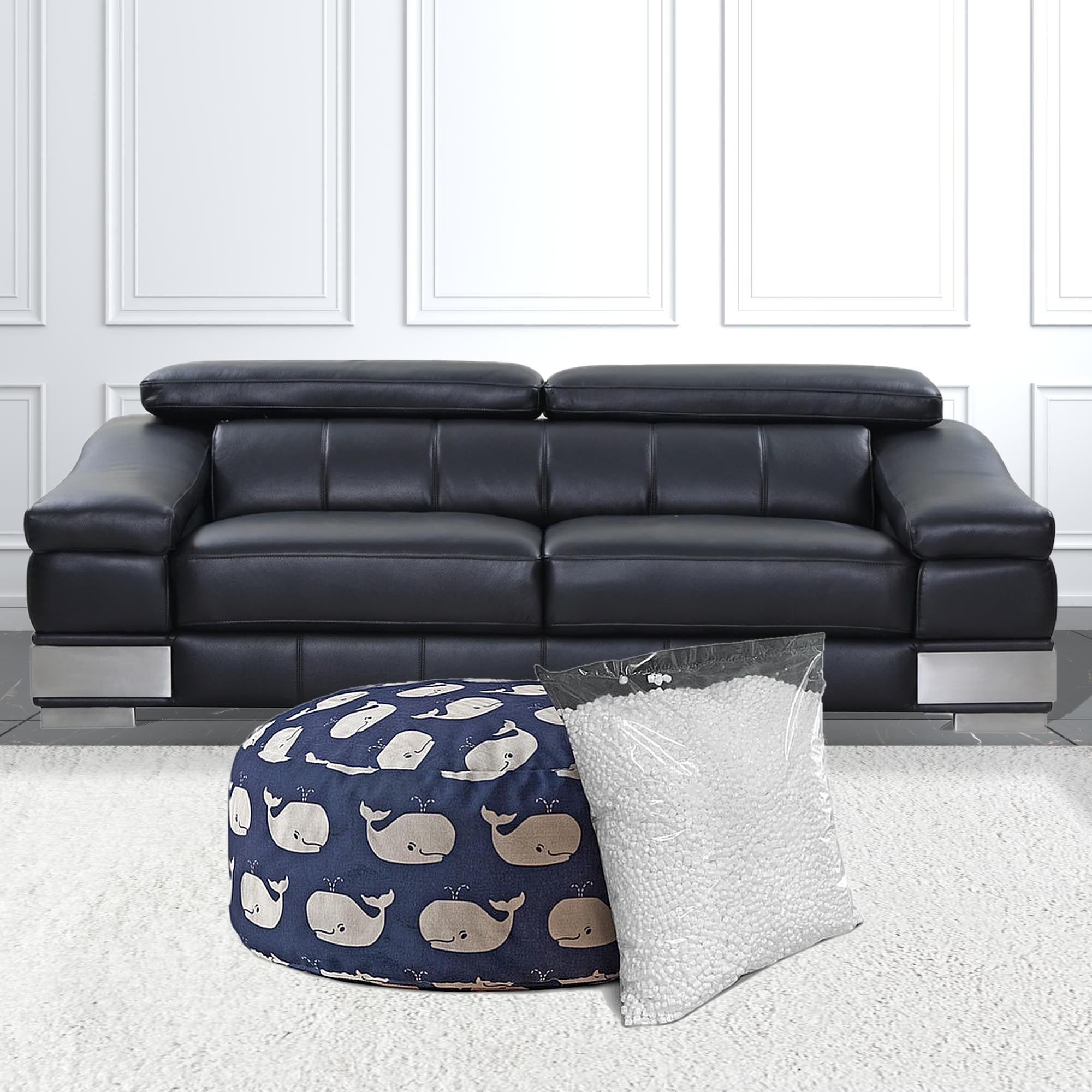 24" Blue And White Twill Round Animal Print Pouf Ottoman