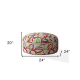 24" Red And White Cotton Round Abstract Pouf Ottoman