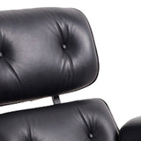 35" Black Tufted Leather And Dark Brown Swivel Lounge Chair with Ottoman