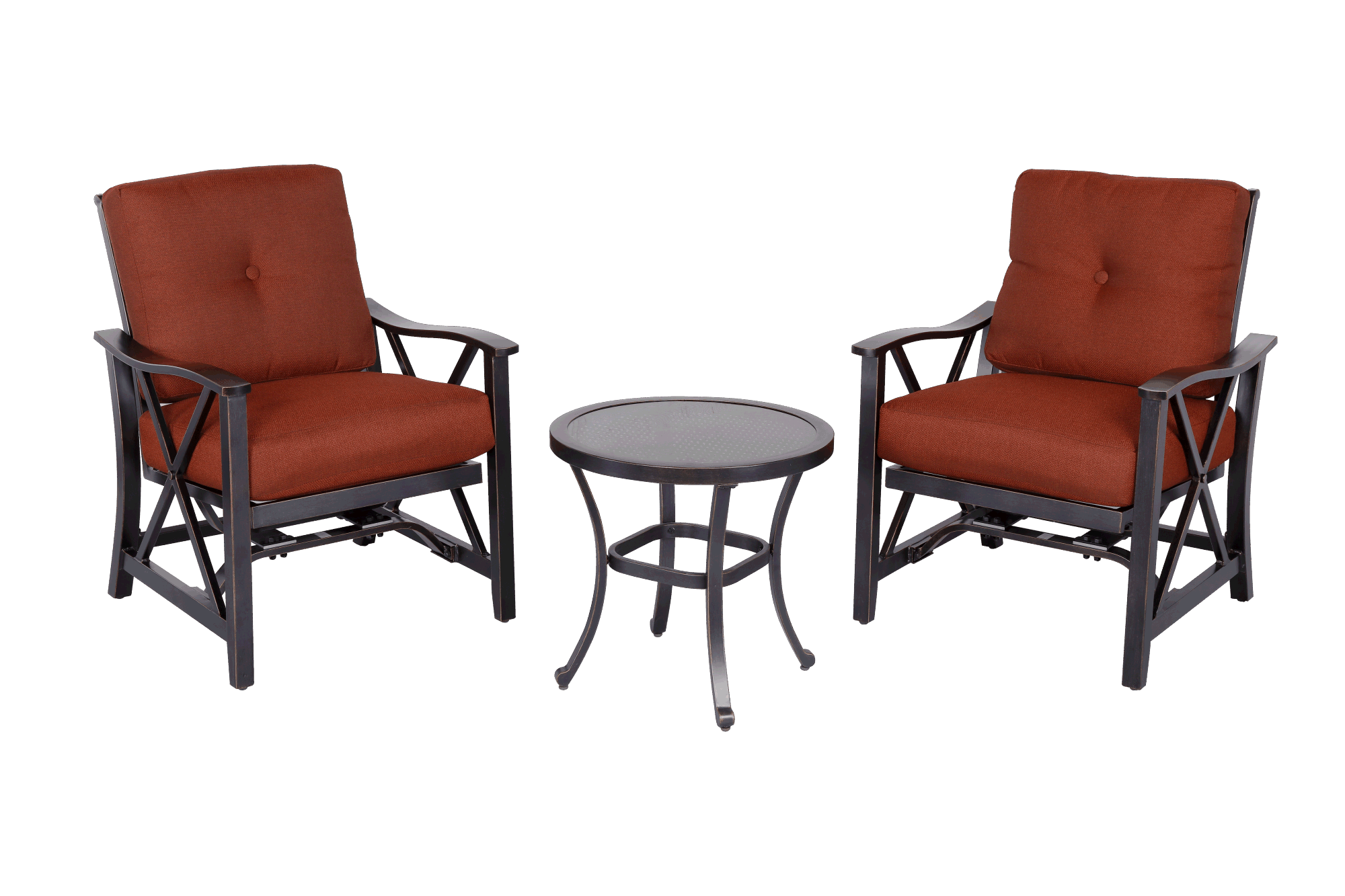 3 Piece Bistro Set w/ Tempered Glass Top Dining Table & Haywood KD Aluminum X Back Stationary Spring Chairs