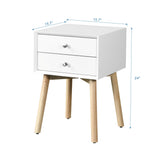 Side Table with 2 Drawer and Rubber Wood Legs;  Mid-Century Modern Storage Cabinet for Bedroom Living Room Furniture;  White