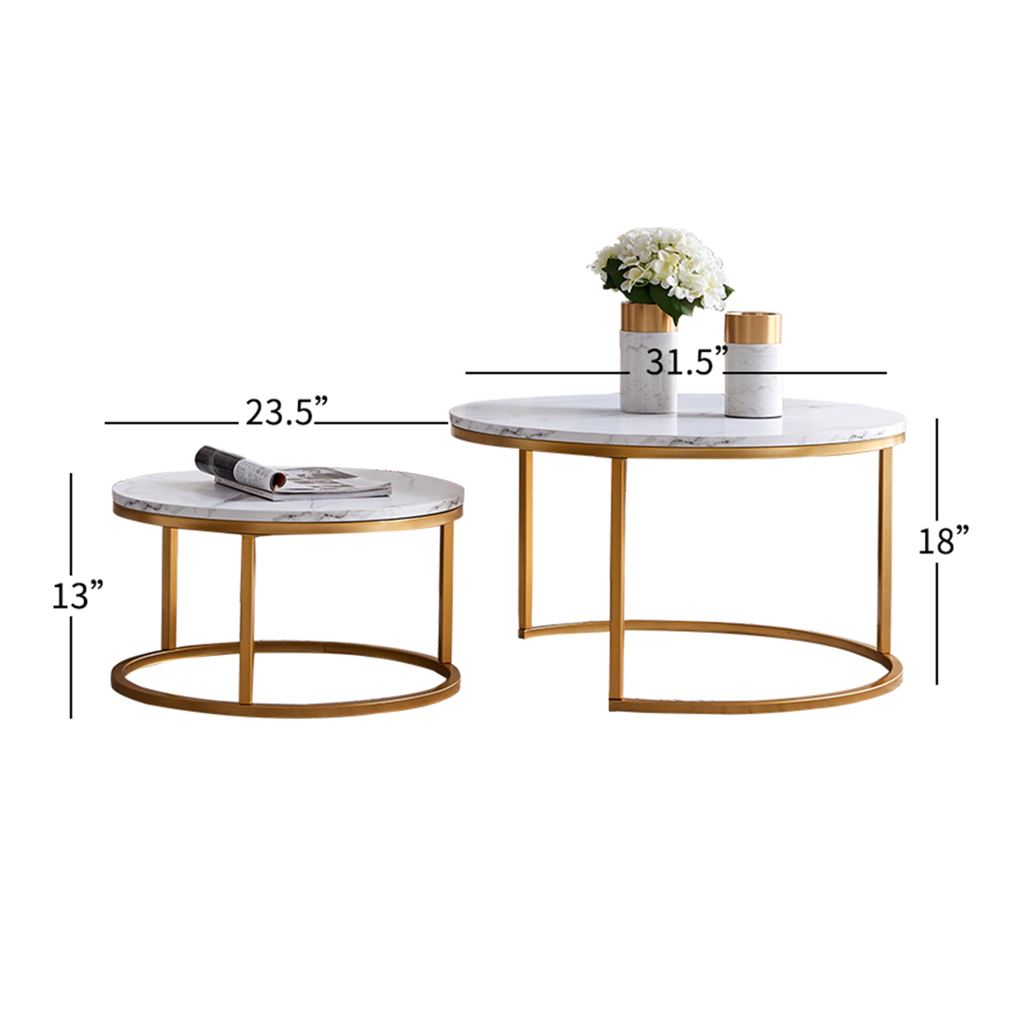 Modern Nesting coffee table; golden color frame with marble wood top-32"