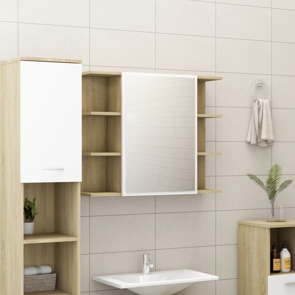 Bathroom Mirror Cabinet White and Sonoma Oak 31.5"x8.1"x25.2" Engineered Wood