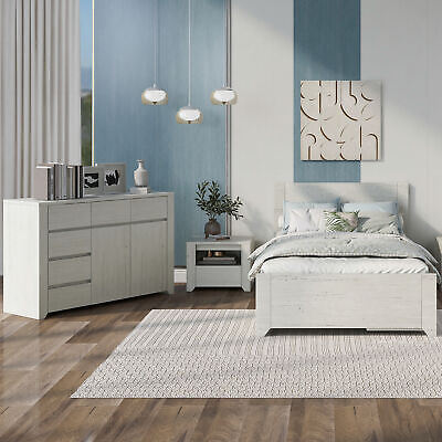 3 Pieces Off White Simple Style Manufacture Wood Bedroom Sets with Twin bed,