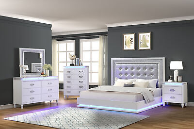 Passion king 4 Pc LED Bedroom Set Made with Wood in Milky White