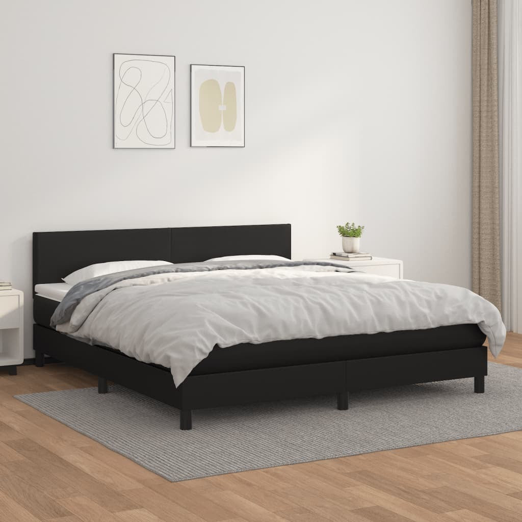 Box Spring Bed with Mattress Black Queen Faux Leather