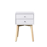 Side Table with 2 Drawer and Rubber Wood Legs;  Mid-Century Modern Storage Cabinet for Bedroom Living Room Furniture;  White