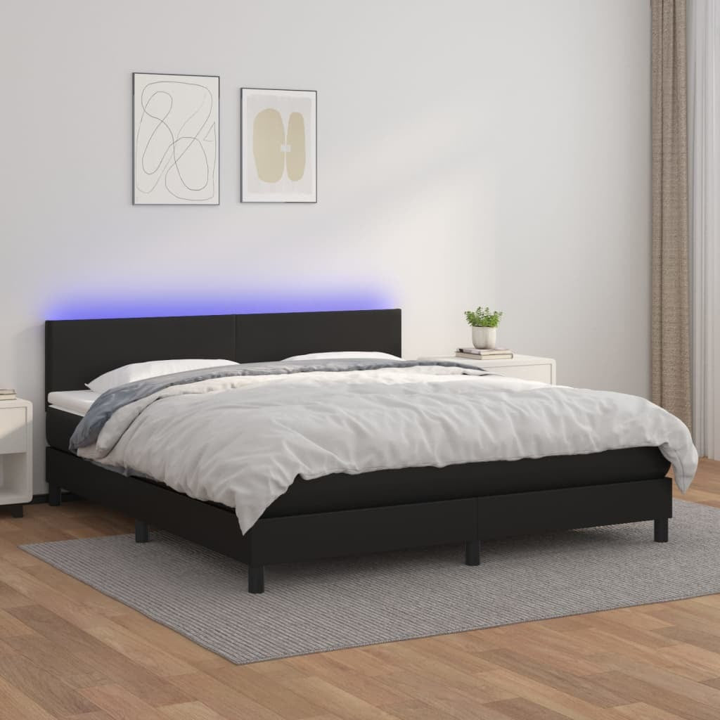 Box Spring Bed with Mattress&LED Black Queen Faux Leather