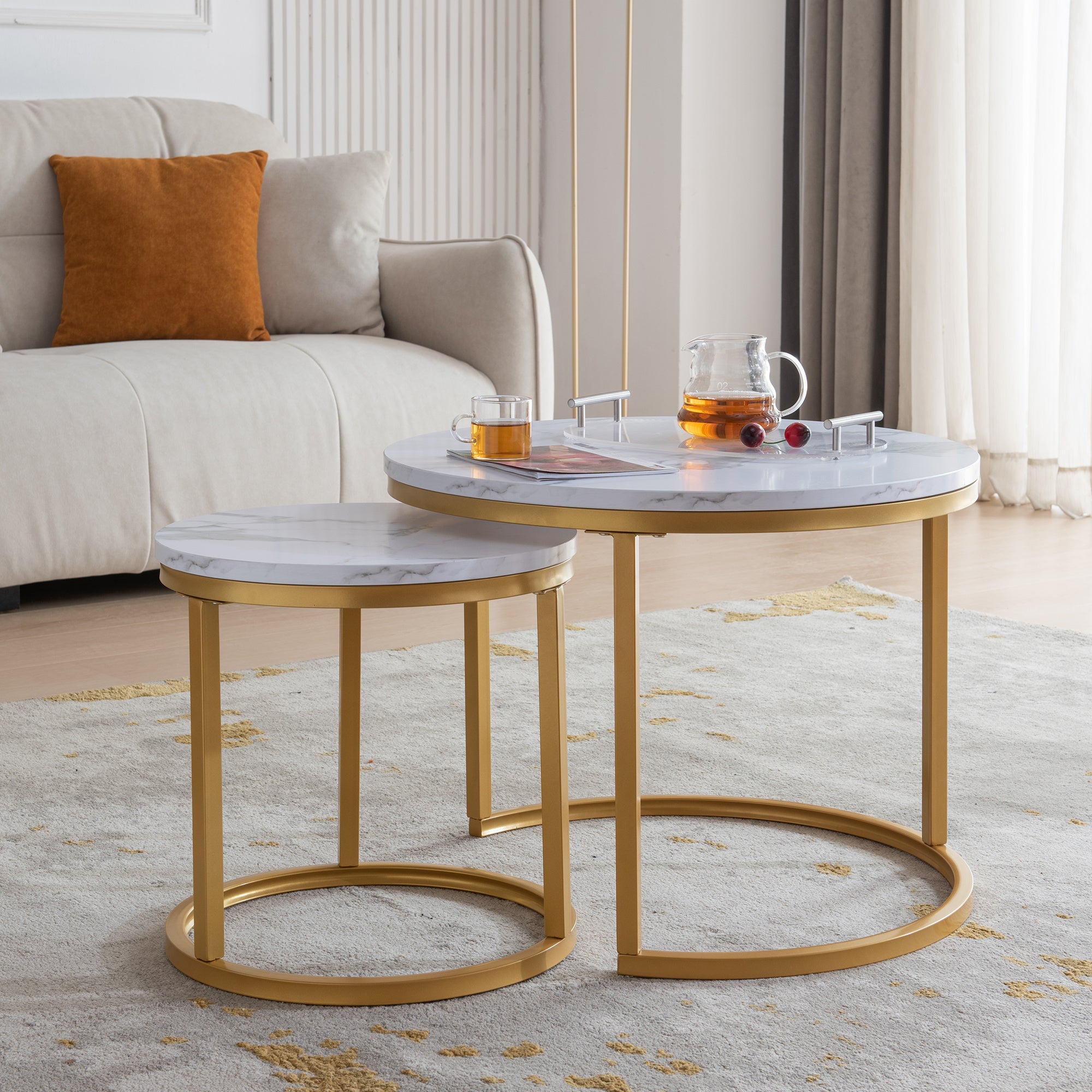 Modern Nesting coffee table; golden  metal frame with marble color top-23.6"