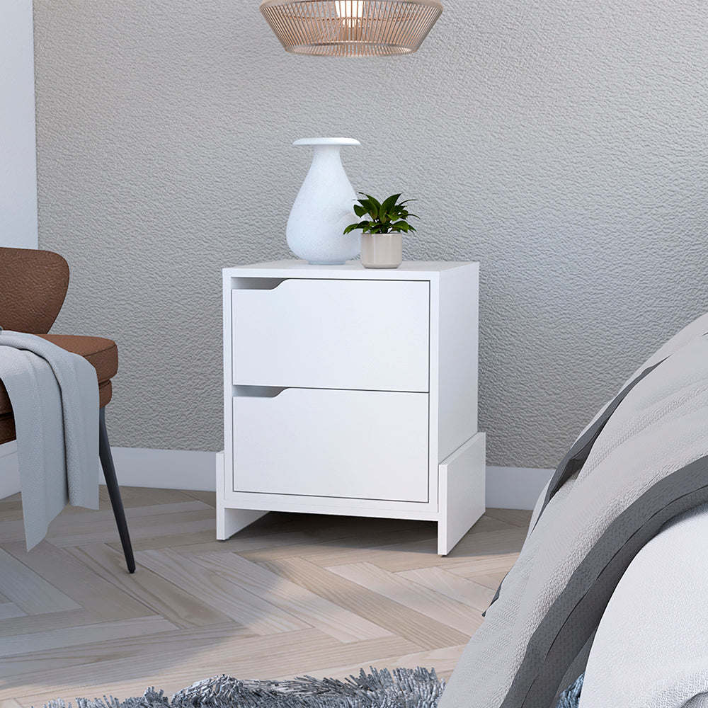 Nightstand Brookland, Bedside Table with Double Drawers and Sturdy Base, White / Macadamia Finish