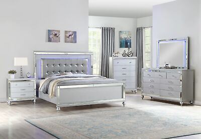 Sterling Queen 4 PC LED Bedroom set made with wood in Silver Color