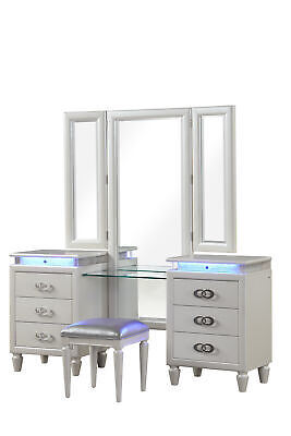 Passion King 5 Pc Vanity LED Bedroom Set Made with Wood in Milky White