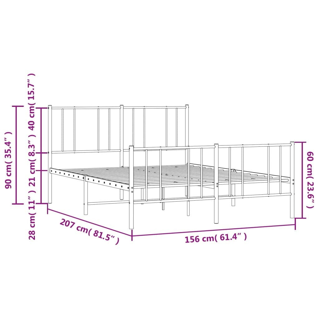 Metal Bed Frame with Headboard and Footboard White 59.8"x78.7"