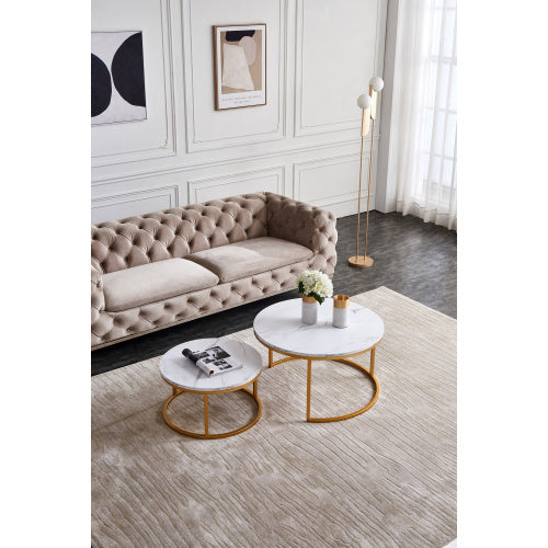 Modern Nesting coffee table; golden color frame with marble wood top-32"