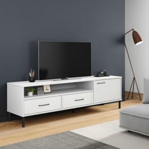 TV Cabinet with Metal Legs White Solid Wood Pine OSLO
