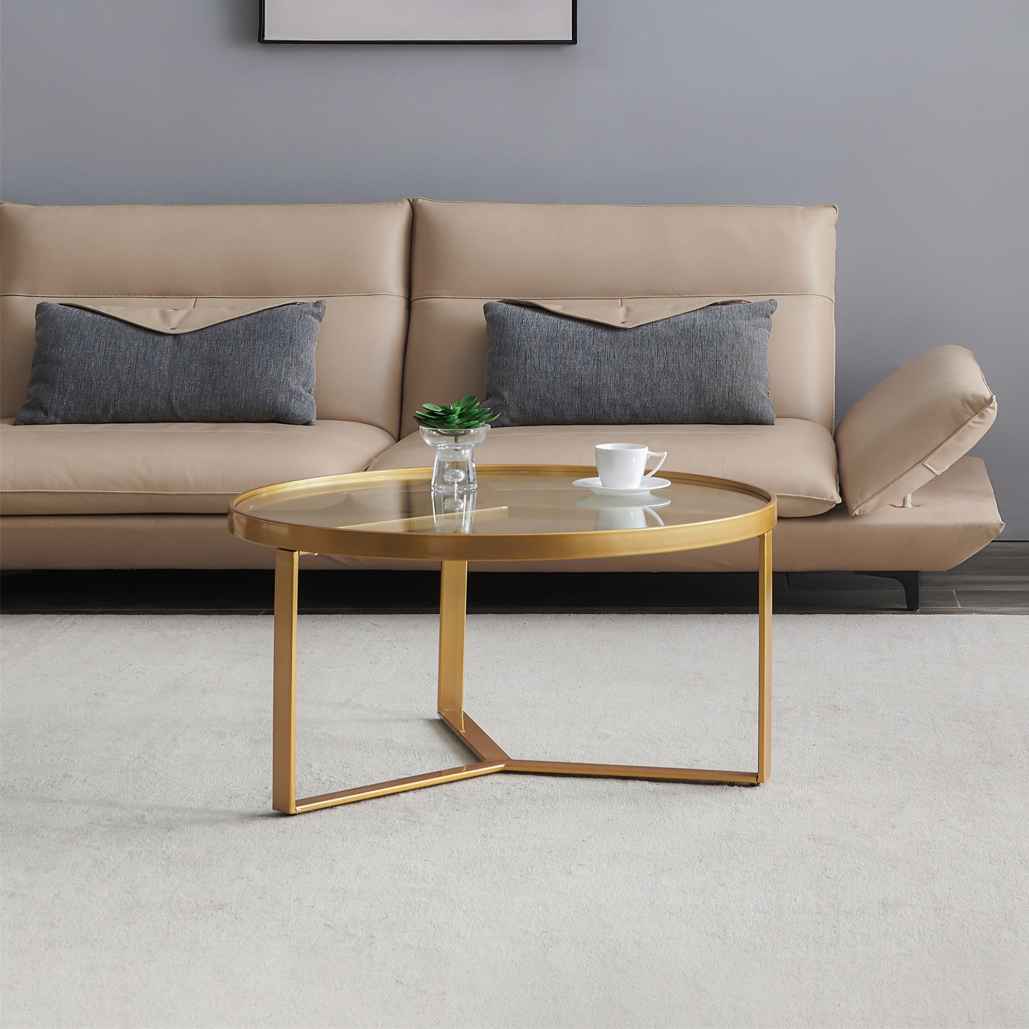 Modern coffee table,Golden metal frame with round tempered glass tabletop