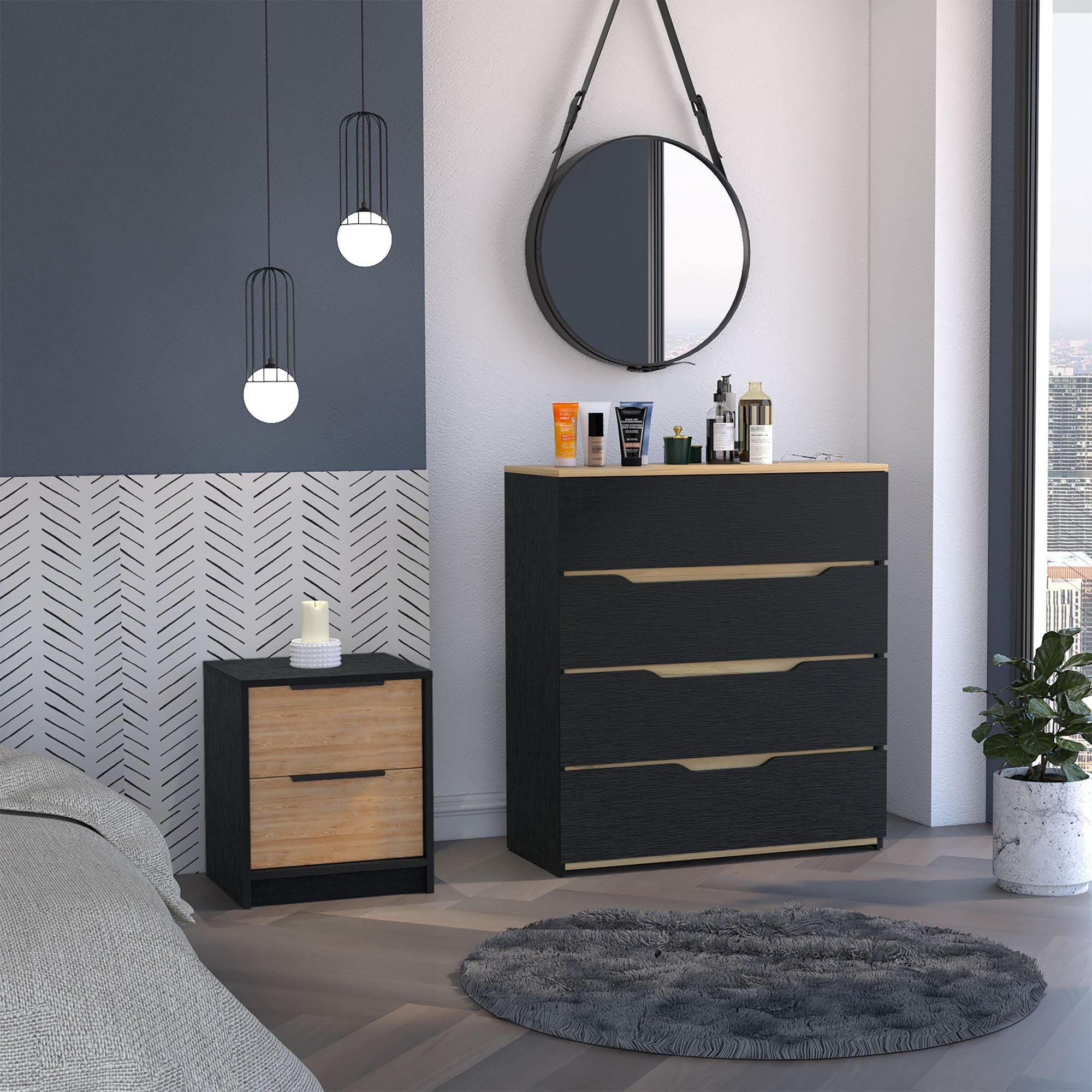 Canby 2 Piece Bedroom Set, Nightstand + Drawer Dresser, Black / Pine / Light Oak