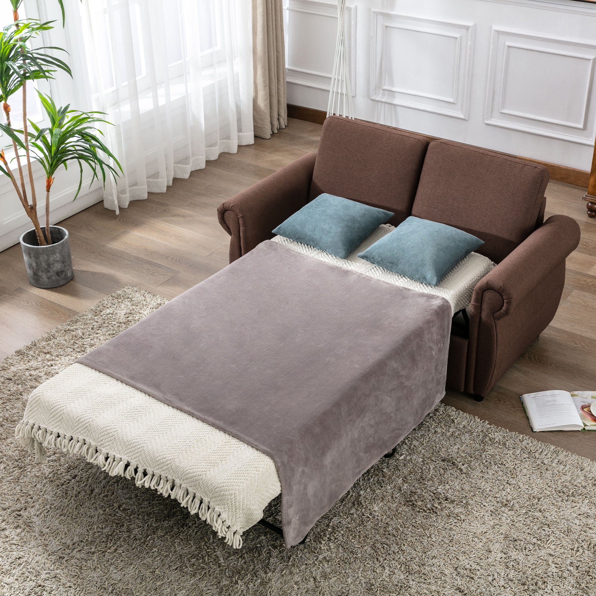 57.5" Orisfur Pull Out Sofa Bed Loveseat Sleeper with Twin Size Memory Mattress for Living Room Spaces, Brown