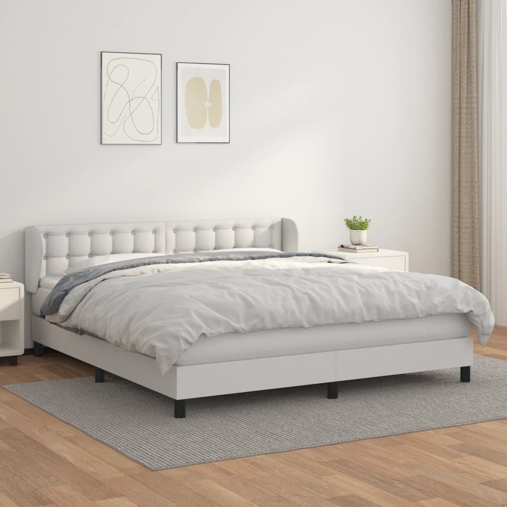 Box Spring Bed with Mattress White King Faux Leather