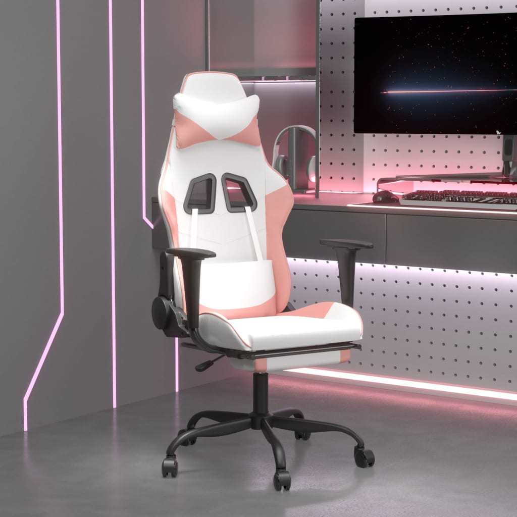Massage Gaming Chair with Footrest White&Pink Faux Leather