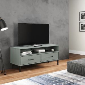TV Cabinet with Metal Legs Gray Solid Wood Pine OSLO