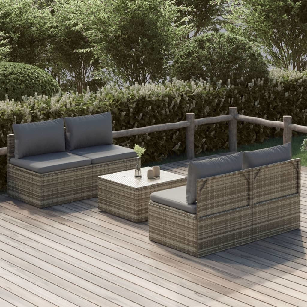 5 Piece Patio Lounge Set with Cushions Gray Poly Rattan