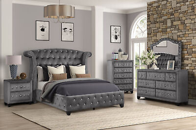 Sophia Full 5 Pc Upholstery Bedroom Set Made With Wood in Gray