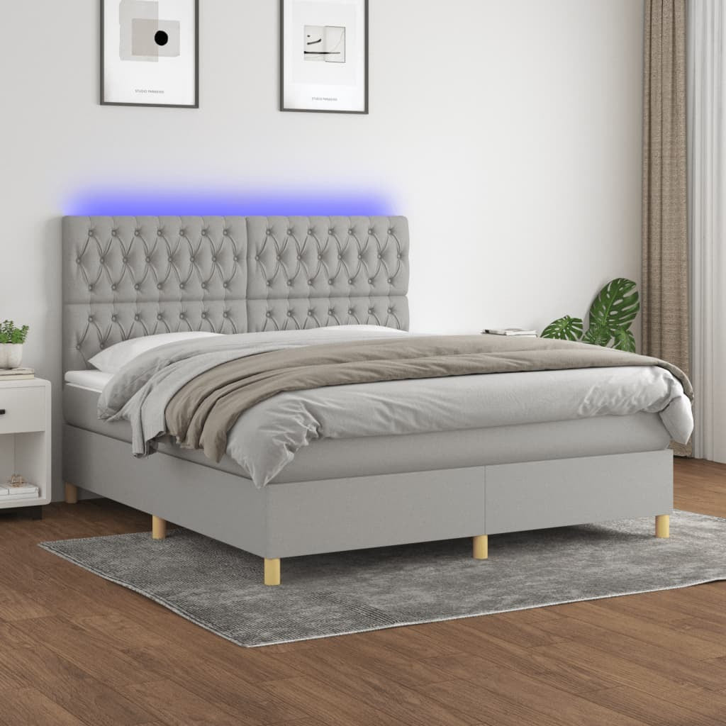 Box Spring Bed with Mattress&LED Light Gray King Fabric