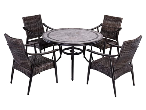 [Dropshipping] 5 Piece Patio Dining Set Outdoor Furniture, Wicker Mid-Century Modern Design Dining Chair Set with 46 inch Round Mosaic Tile Top Aluminum Table