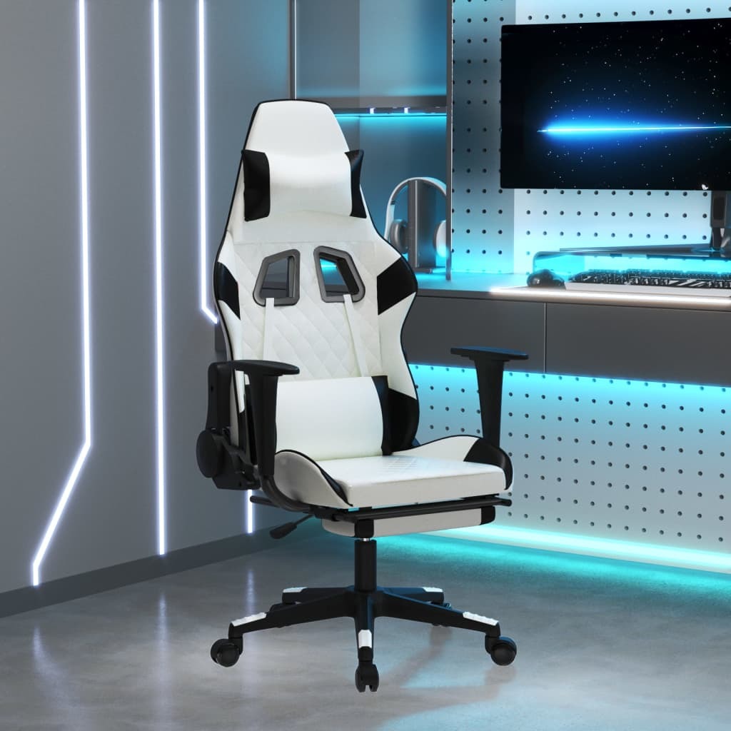 Massage Gaming Chair with Footrest White&Black Faux Leather