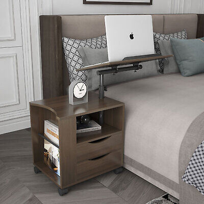 Height Adjustable Overbed End Table Wooden Nightstand with Swivel Top