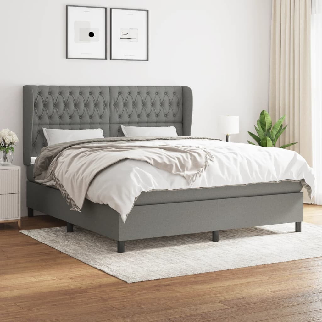 Box Spring Bed with Mattress Dark Gray King Fabric