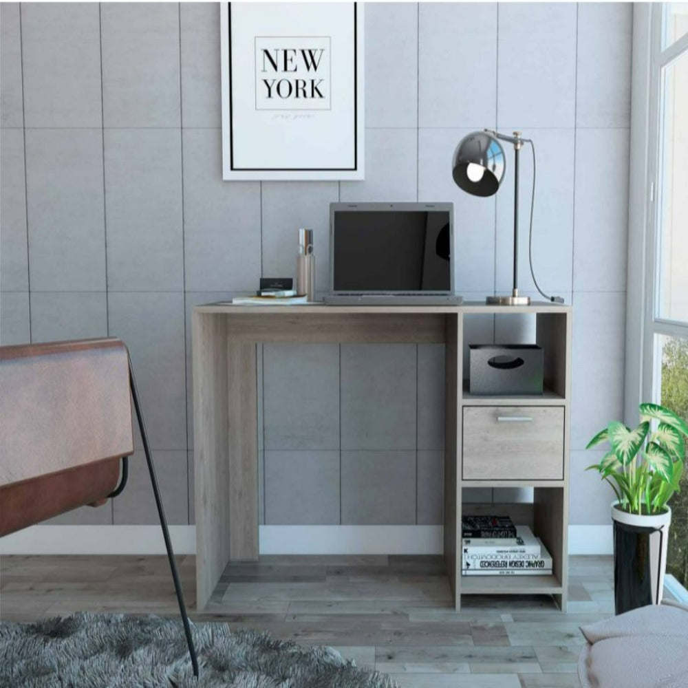 Computer Desk Odessa with Single Drawer and Open Storage Cabinets, Light Gray Finish