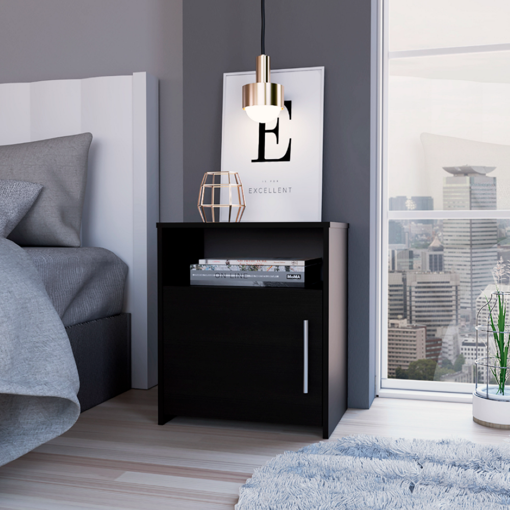 Nightstand Cuarzz, One Cabinet, Black Wengue Finish
