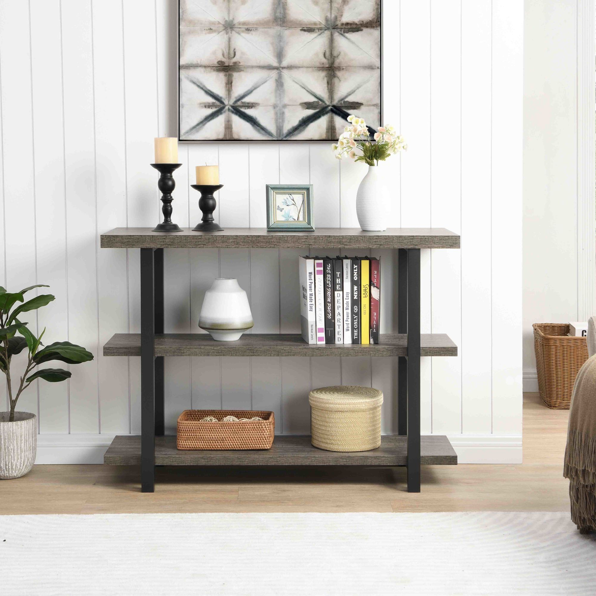 Gray Wood Sofa Table,  Narrow Hallway Table, 3-Tier Console Table for Living Room