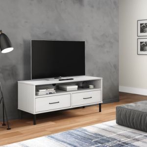 TV Cabinet with Metal Legs White Solid Wood Pine OSLO