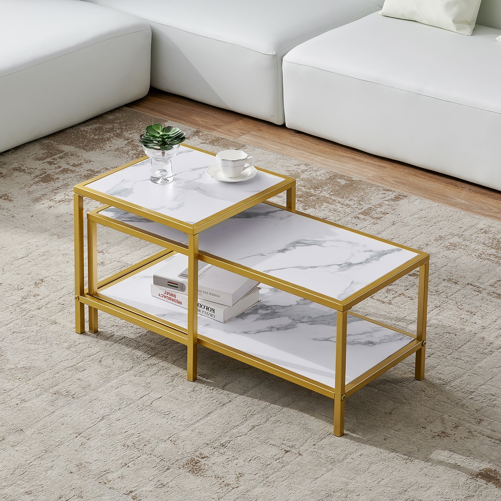 Modern Nesting coffee table Square & rectangle; Golden metal frame with wood marble color top