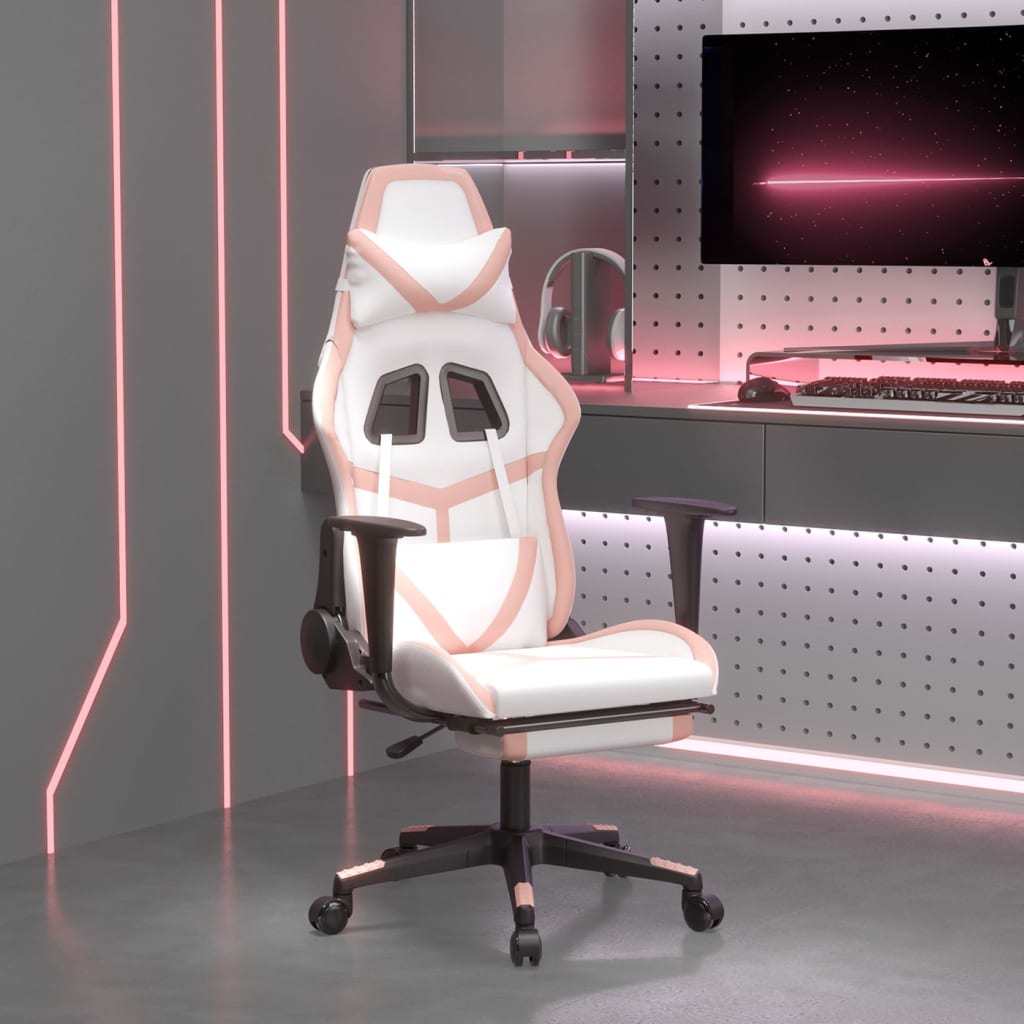 Gaming Chair with Footrest White and Pink Faux Leather